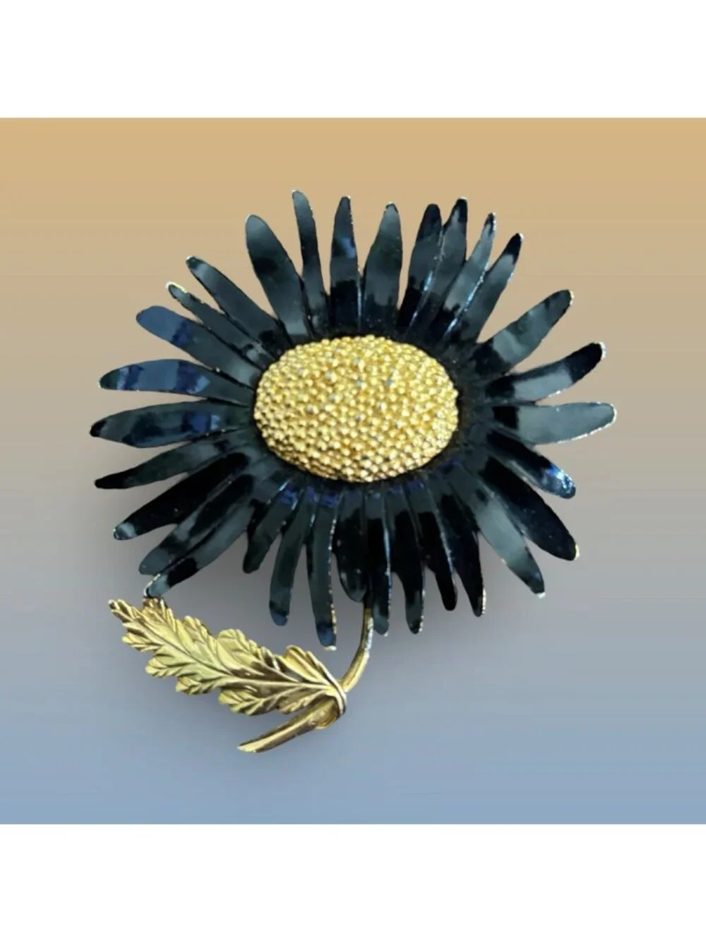 Vintage Marvella Black Enamel & Gold-Tone Sunflower Brooch Pin
